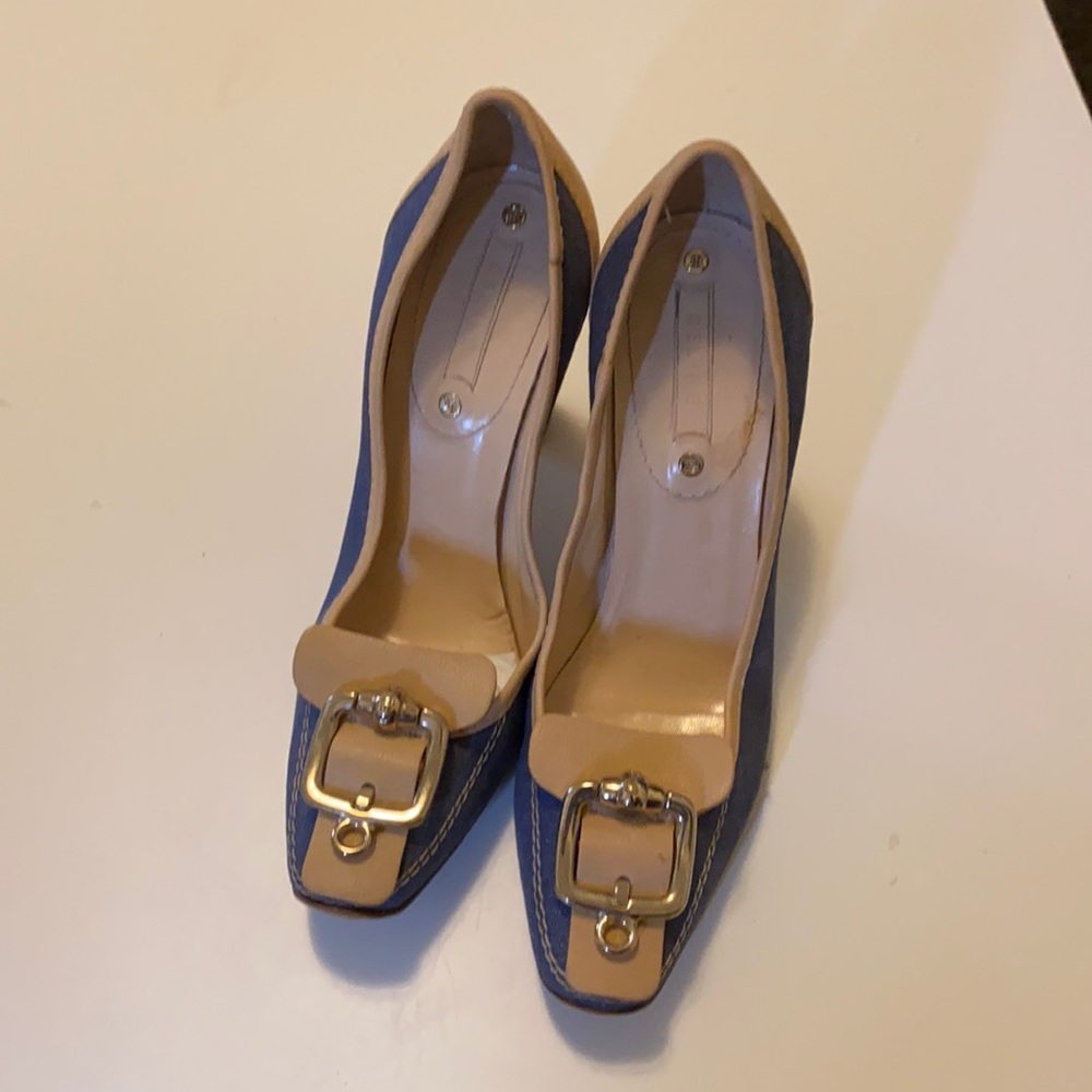 Tan and denim Celine heels